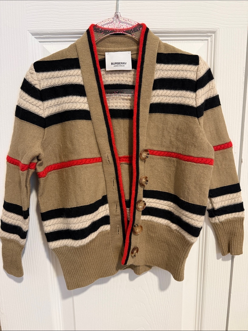 Burberry Children’s Khaki Striped Shawl-Collar Cardigan with Red Trim